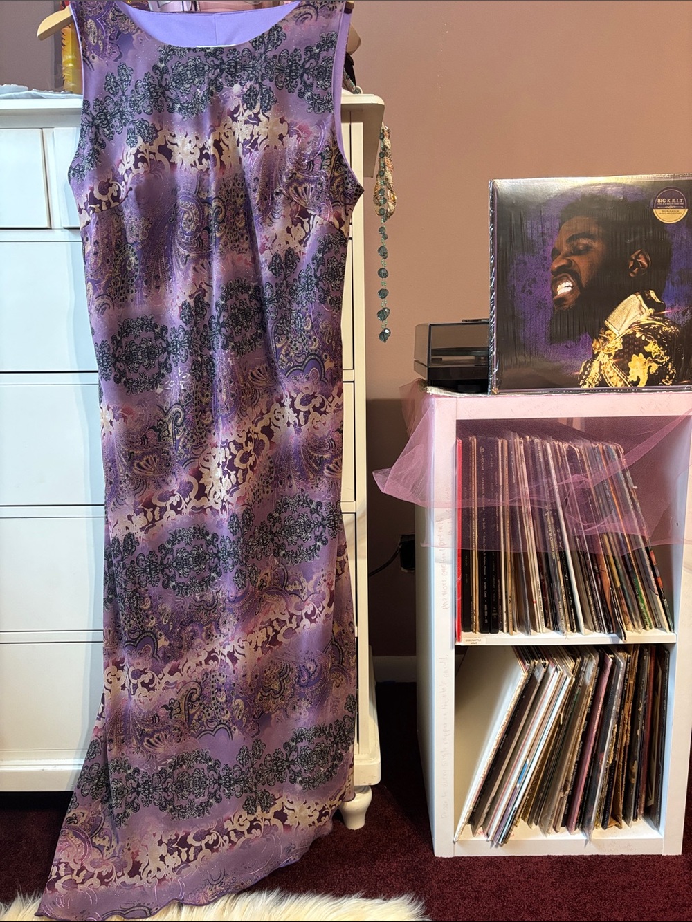 Vintage Y2K Purple Paisley Bias Asymmetrical Dress Gold Baddie 2X Betsey Johnson